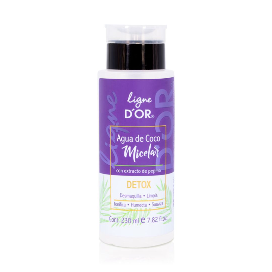 agua micelar, desmaquillante, agua micelar de coco y pepino agua de coco micelar Ligne D´or Limpieza facial Desmaquillante sin enjuague purificante detox piel tonificada