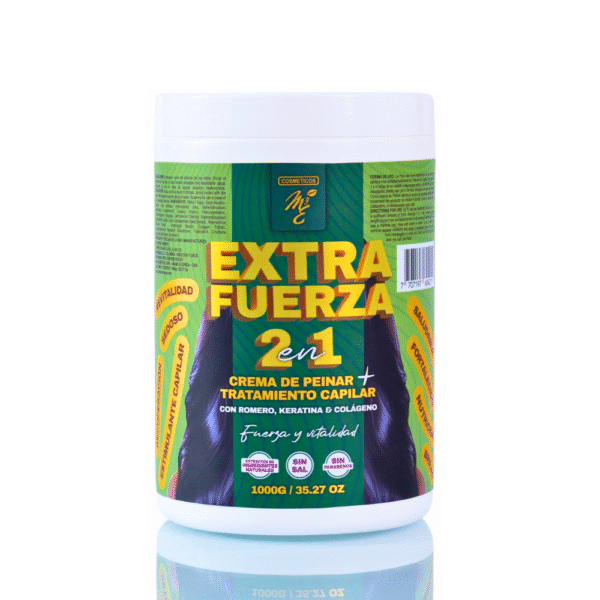 Crema de peinar mas tratamiento capilar extra fuerza 2 en 1 con romero keratina y colágeno para recuperar el cabello dejándolo liso sedoso revitalizado