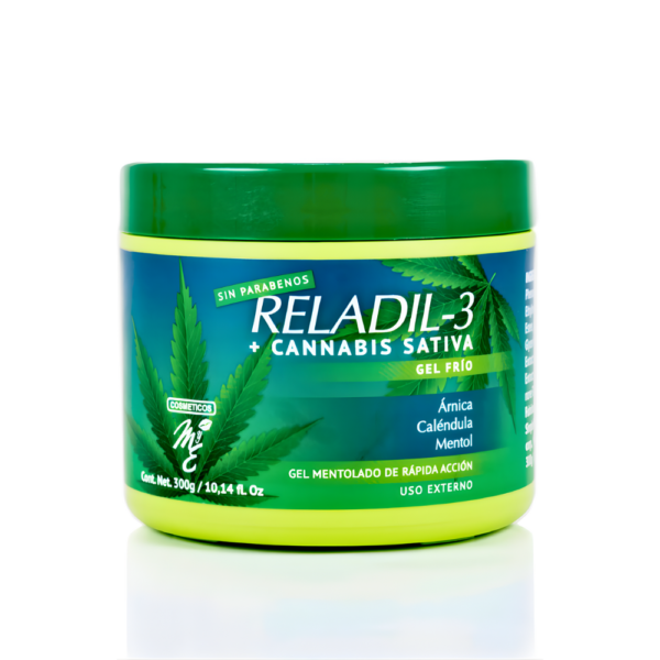 Gel Frío RELADIL-3 Mye Cosméticos con Cannabis Sativa Árnica Caléndula y Mentol pote x300g