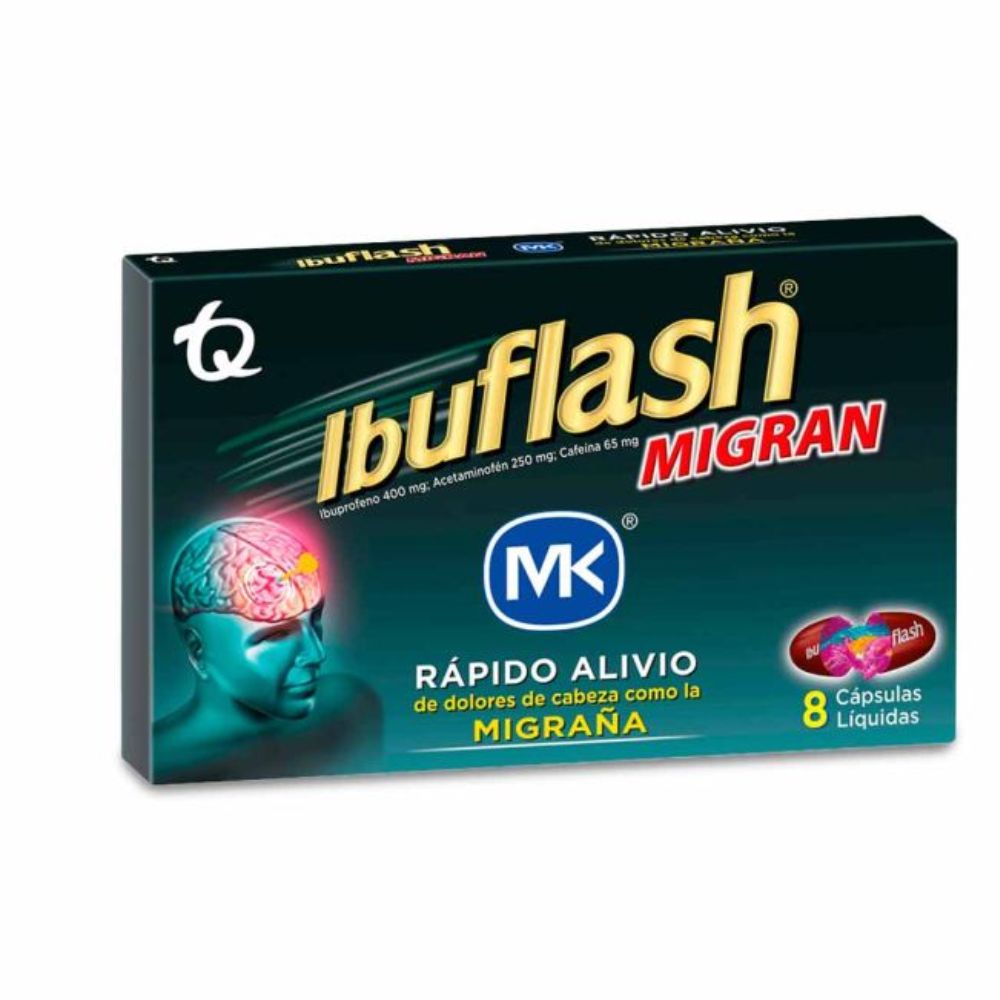 Ibuprofeno migraña Analgésico cafeína Dolor cabeza cápsulas