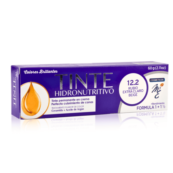 Tinte Hidronutritivo 12.2 Rubio Extra Claro Beige con aceite de argan y ceramidas, tinte cubrimiento total de canas