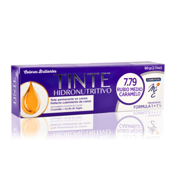 Tinte Hidronutritivo 7.79 rubio medio caramelo con aceite de argan y ceramidas, tinte cubrimiento total de canas