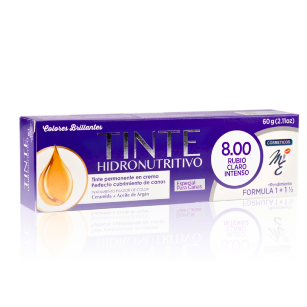 Tinte Hidronutritivo 8.00 Rubio Claro intenso con aceite de argán y ceramidas, tinte cubrimiento total de canas