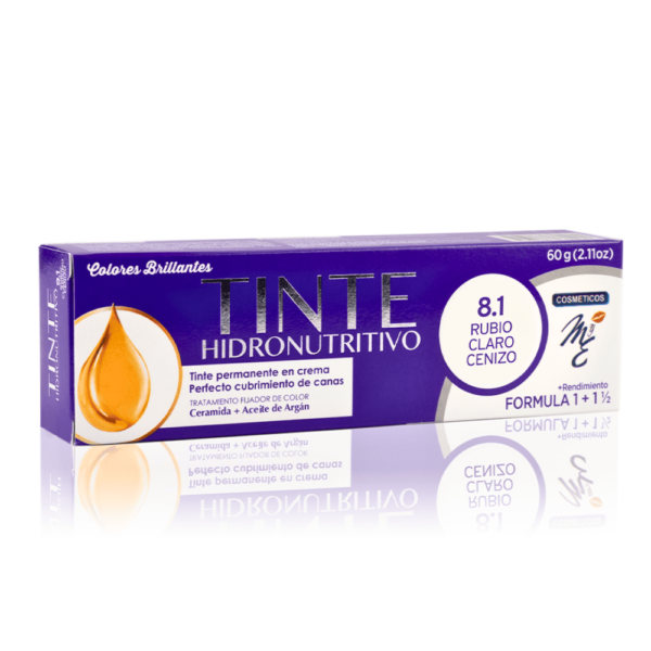 Tinte Hidronutritivo 8.1 Rubio Claro Cenizo con aceite de argan y ceramidas, tinte cubrimiento total de canas