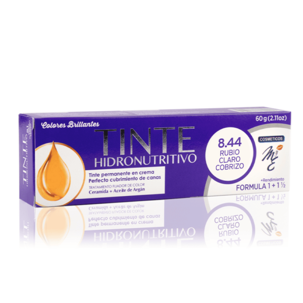 Tinte Hidronutritivo 8.44 Rubio Claro Cobrizo con aceite de argan y ceramidas, tinte cubrimiento total de canas