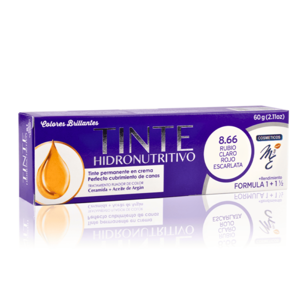 Tinte Hidronutritivo 8.66 Rubio Claro Rojo Escarlata con aceite de argan y ceramidas, tinte cubrimiento total de canas