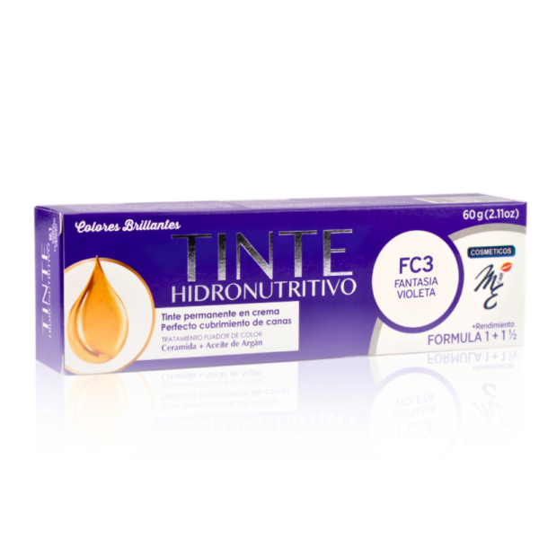 Tinte Hidronutritivo FC3 Fantasía Violeta con aceite de argán y ceramidas, tinte cubrimiento total de canas