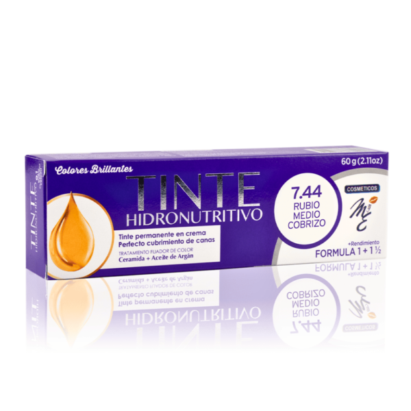 Tinte Hidronutritivo 7.44 rubio medio cobrizo con aceite de argan y ceramidas, tinte cubrimiento total de canas