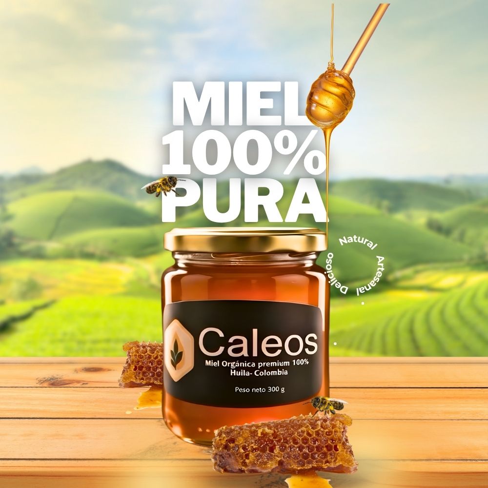Miel de abejas 100% Organica Caleos azzoc Miel de abejas premium 100% Orgánica, miel de abejas pura sin conservantes. Envase de vidrio cilíndrico con tapa dorada en azzoc